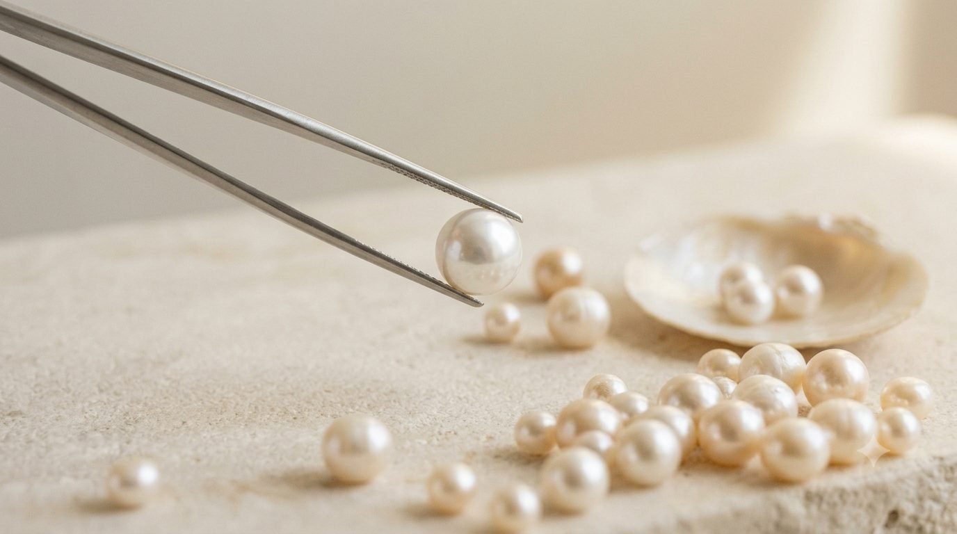 Pearls being sorted and inspected with precision tweezers